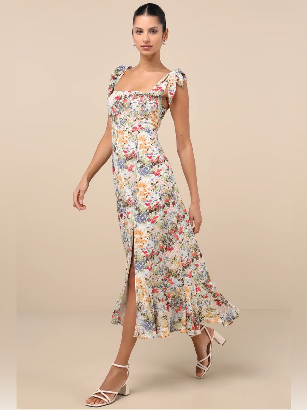 Lulus Summer Invite White Multi Floral Tie-Strap Tiered Midi Dress